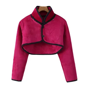 Thick flannel shoulder wrap with high collar and buttons in vibrant rose red