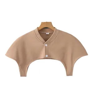 Women's khaki knit shoulder warmer with high collar and double buttons for comfort
