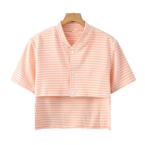 Pink and white striped knit V-neck vest with button detail for shoulder warmth
