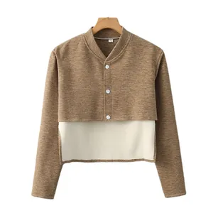 Brown knit thermal shoulder protector vest for women with V-neck and three white buttons