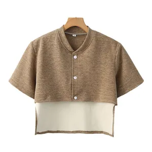 Brown knit shoulder wrap shawl with stand collar and buttons for neck warmth
