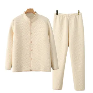 Quilted thermal pajama set for winter in beige with long sleeves and high neck collar