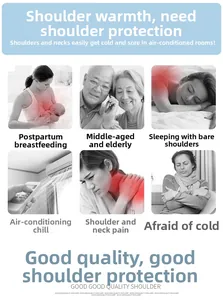 Detail illustration showing shoulder warmer benefits for sleep, office, and postpartum care
