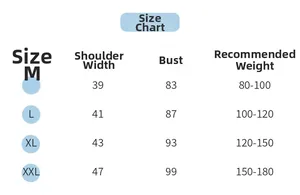 Detailed size chart for thermal shoulder protector including width, bust, and weight guide