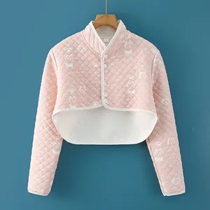 Pink quilted shoulder warmer vest with cartoon patterns and warm lining for women