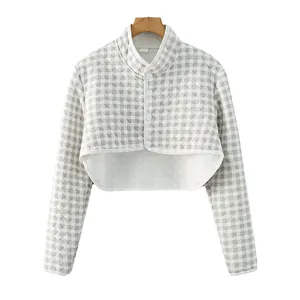 Quilted gray plaid shoulder warmer for women with a stand collar and button-front design