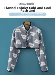 Blue flannel shoulder warmer with white bear silhouette pattern and button closure