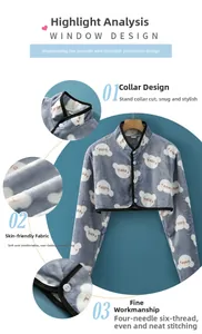 Detail of grey flannel shoulder warmer with stand collar and white bear print