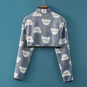 Thick flannel shoulder warmer wrap with cute bear print and Happy slogan for winter