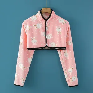 Pink flannel warm shoulder protector vest with white bunny print and button closure