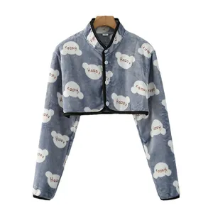 Thick grey flannel thermal shoulder protector with white bear prints for women