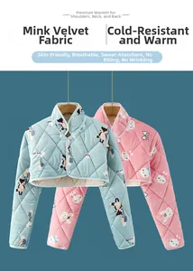 Detail of two-pack thermal fleece shoulder warmers in mint green and light pink with buttons