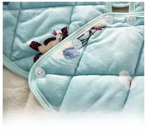 Detail of light blue quilted mink velvet shoulder warmer with cartoon cat print and buttons