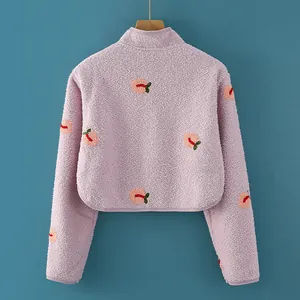 Warm pink fleece shoulder protector jacket with cute peach patterns and stand collar