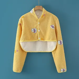 Ginger yellow milk fleece shoulder warmer with cartoon rabbit embroidery for winter warmth