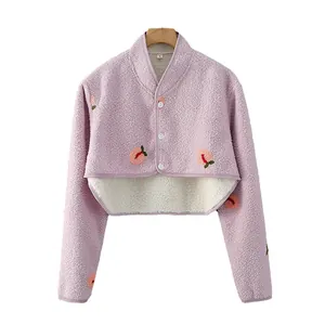 Pink milk fleece shoulder warmer shrug with peach embroidery and white buttons