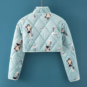 Light blue quilted shoulder warmer with cartoon fox patterns and high collar design