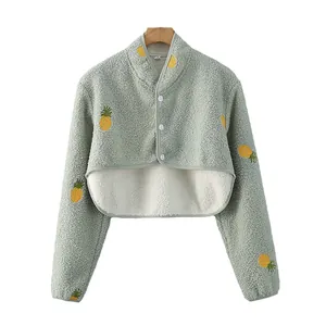 Châle chauffe-épaules en polaire vert sauge pour femme avec broderie ananas jaune