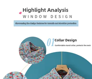 Detail view of the floral quilted shoulder warmer featuring a snug stand-up collar design