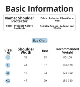 Size chart for thermal shoulder protector with width, chest and weight guide details