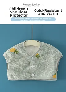 Detail of warm green plush shoulder protector with pineapple embroidery for children
