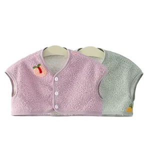 Thick milk velvet baby shoulder warmer vests in pink and green with fruit embroidery