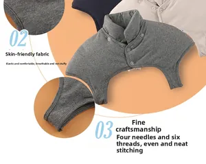 Detail of four-needle six-thread stitching and button closure on thermal shoulder wrap