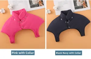 Detail of warm shoulder wrap with button collar in rose red and dark navy blue colors