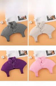 Collage of four thermal shoulder warmers in grey, purple and pink with button design
