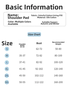 Size chart for thermal shoulder protector showing S-3XL dimensions and weight advice