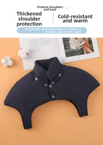 Close-up of thick navy blue shoulder protector with stand-up collar and button closure