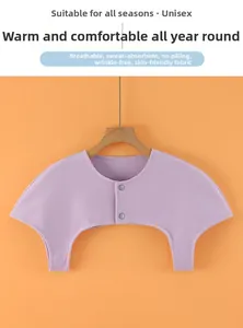 Detail of purple thermal shoulder warmer made of breathable fabric with front buttons