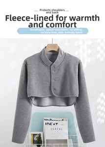 Close-up of grey fleece shoulder warmer with three buttons and soft knitted texture