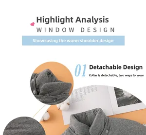 Detail of detachable thickened shoulder warmer with snap button design in dark grey fabric