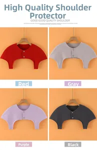 Collage of four knitted shoulder warmers in red, grey, purple, and black with buttons