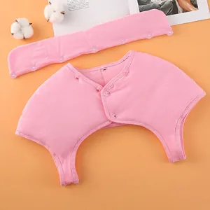 Pink thermal knit shoulder warmer with high neck and button closure for winter