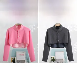 Short high-collar thermal shoulder protector for neck and arm warmth in pink and grey