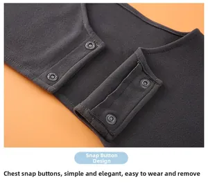 Detail of snap button design on dark grey thermal shoulder warmer for easy wear