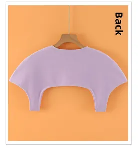 Back view of a soft lavender thermal shoulder warmer displayed on a wooden hanger