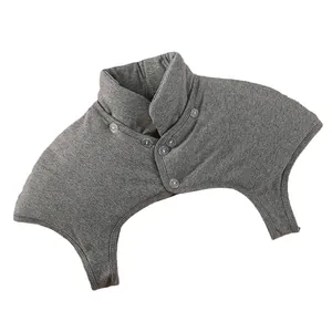 Thick grey knitted neck and shoulder warmer with stand collar and four buttons for winter