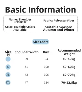 Detailed size chart for thermal shoulder protector including width and weight data
