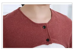 Detail of reddish-brown velvet shoulder wrap with round neck and black button closure