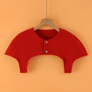 Red shoulder warmer shawl for sleeping, thermal neck wrap with silver metal buttons