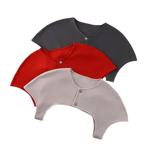 Three-piece thermal shoulder warmer set in grey, red, and beige soft knit fabric