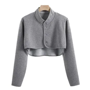 Grey thermal shoulder warmer shrug with stand collar and buttons for neck protection