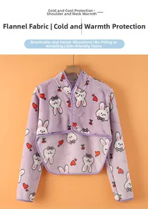 Detail of purple flannel shoulder warmer with rabbit print and cozy standing collar