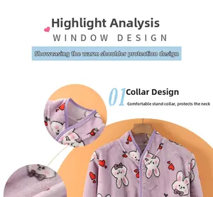 Detail view of purple fleece shoulder warmer with rabbit prints and snap buttons