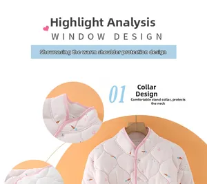 Detailed view of pink quilted shoulder warmer with rabbit print and snap button closure