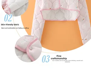 Detail of pink quilted thermal fabric with rabbit prints and high-quality four-needle six-thread seams