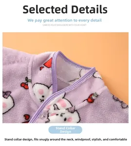 Detail of purple fleece shoulder wrap featuring a stand collar and cute rabbit prints
